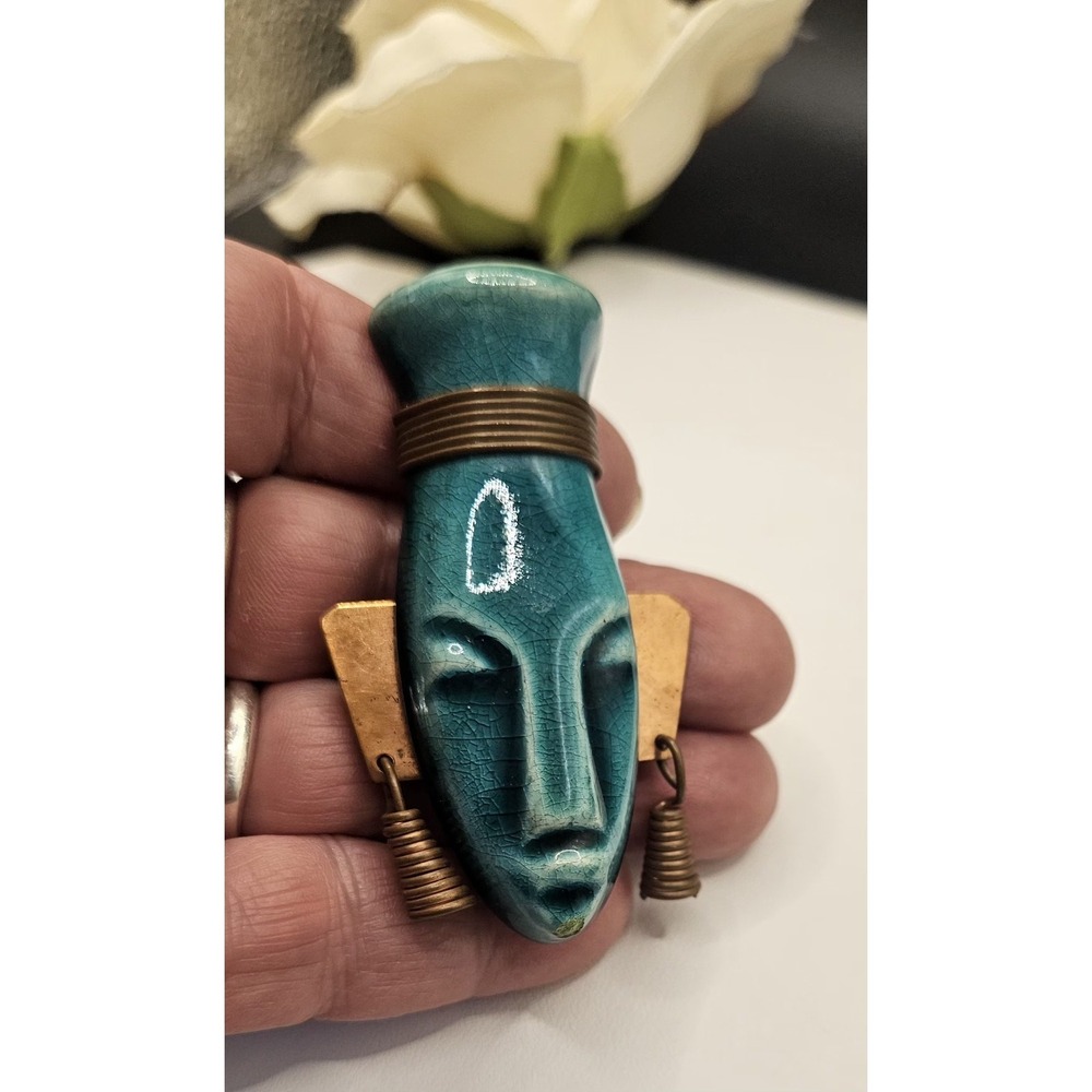 Vintage Art Deco 1940'S Ceramic Copper Tribal Brooch Pin